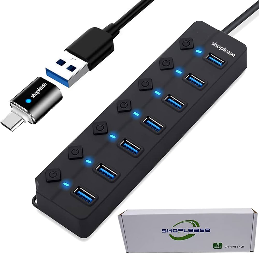 7-Port USB 3.0 Hub with Individual Power Switches for Each Port