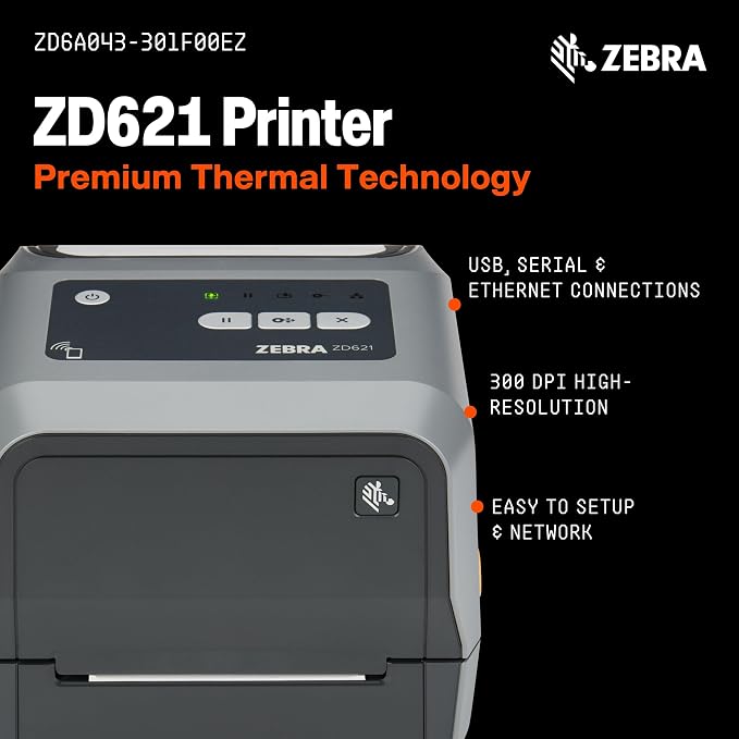 Zebra ZD621T Thermal Transfer Barcode Label Printer | 300dpi | USB+USB Host+RS232+Bluetooth BLE+Ethernet | RTC