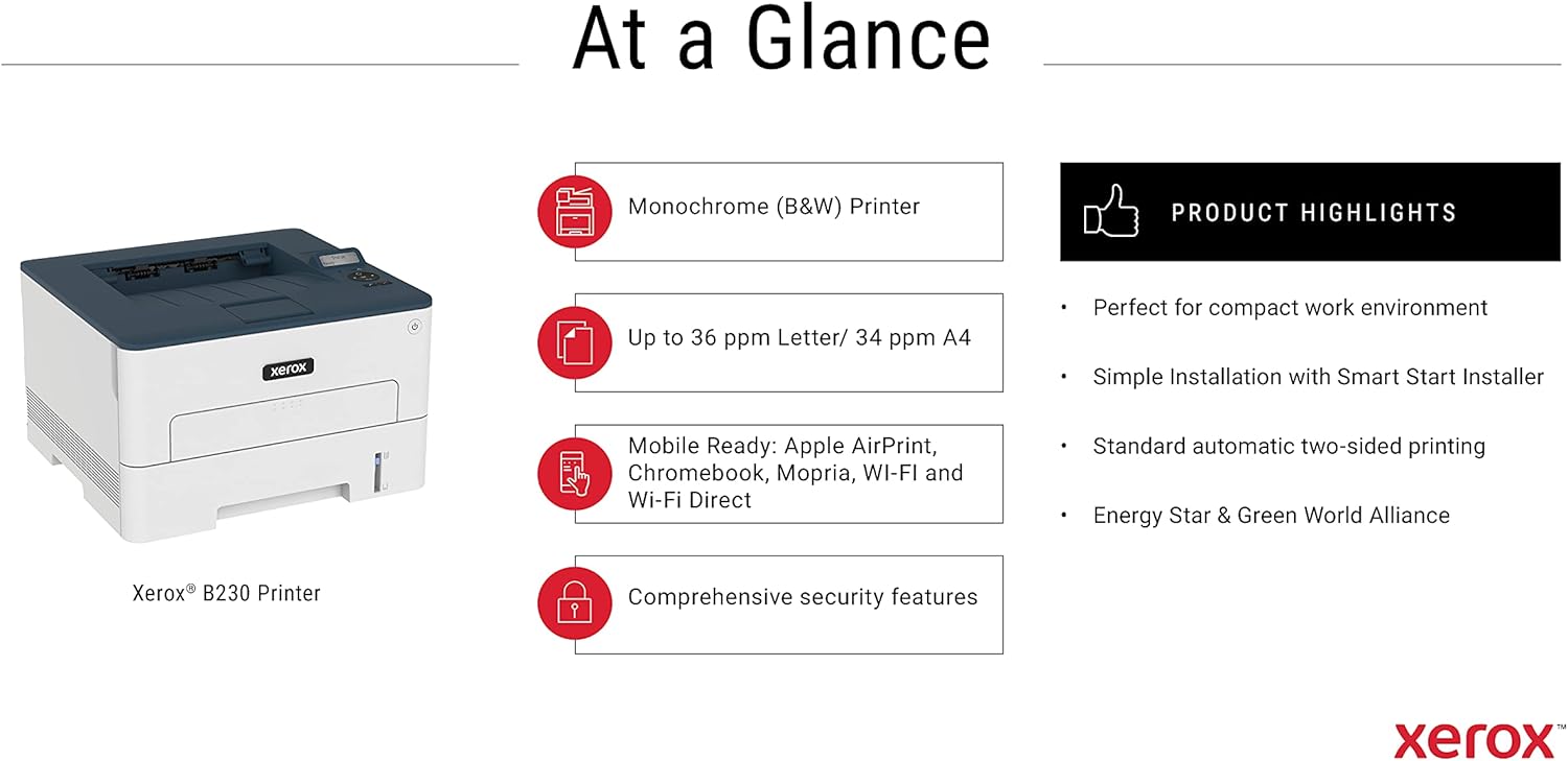 طابعة زيروكس B230 أحادية اللون بحجم A4 بسرعة 34 صفحة في الدقيقة/دوبلكس/شبكة/واي فاي