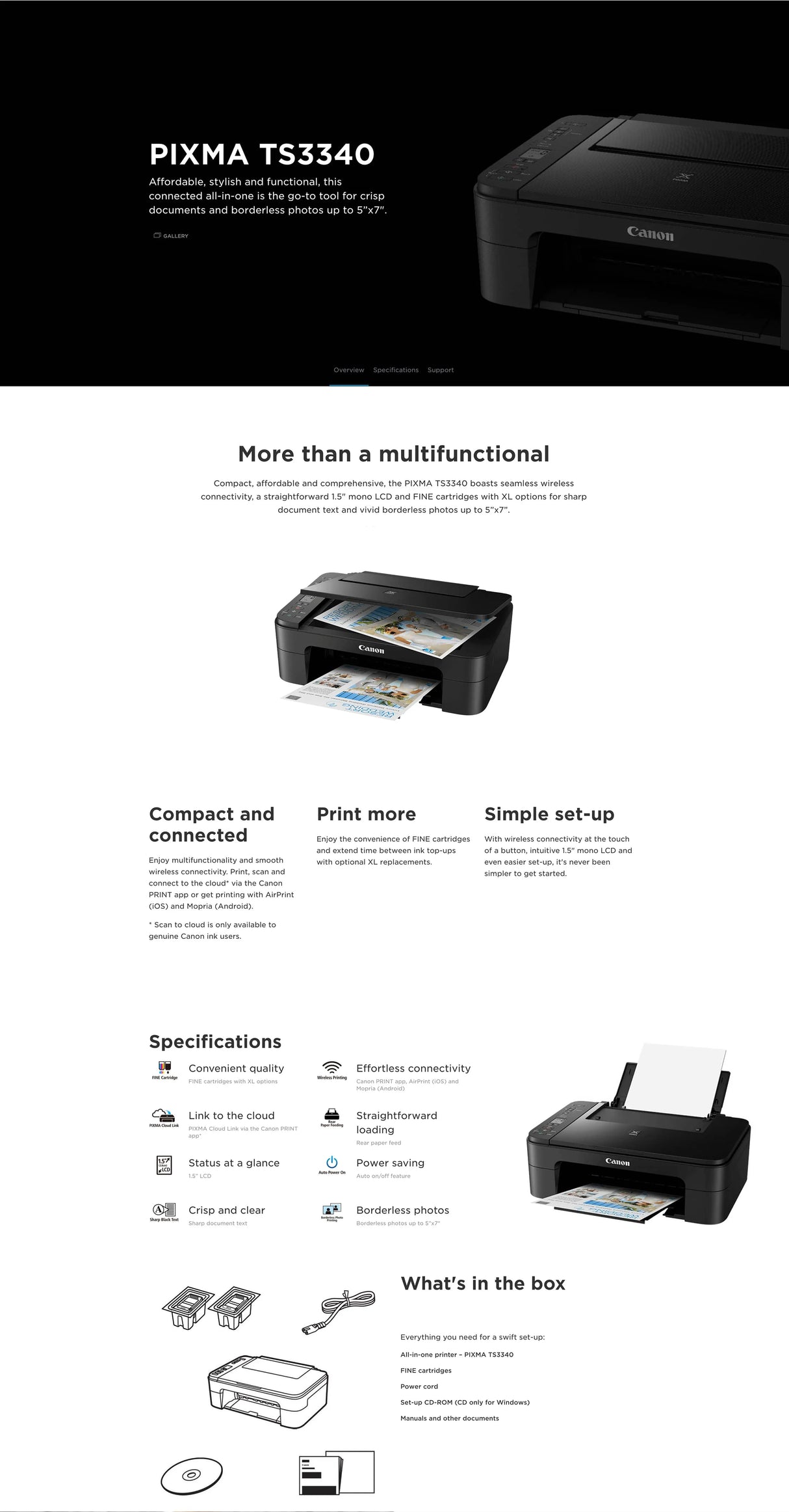 CANON PIXMA TS-3340 3in1 Printer, Wireless Inkjet Color Printer, Black