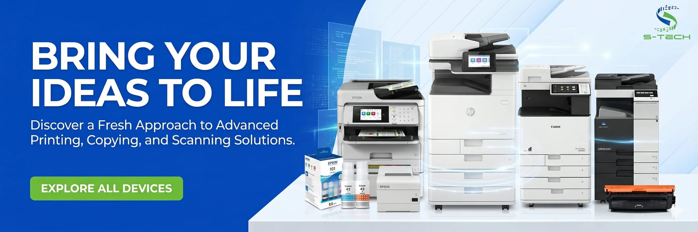 Printers and scanning devices with promotional text on a blue background