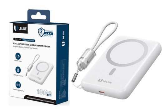 UBlue Wireless Power Bank with Cable 10000mAh, Slim Portable Charger with BuiltIn Cable and USB-C(PBWL003-WHT)