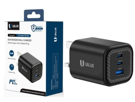 UBlue 65W GaN Wall Charger, 3-Port (2×USB-C + USB-A), UK Plug, AC 200–240V, Black, Fast Charging(CH003)