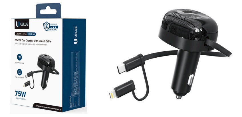 UBlue USB-C Car Charger with Built-In USB-C + Lightning Cables, 75W Max, 2- Port (USB-C + USB-A), DC 12–24V, Black(CC004)