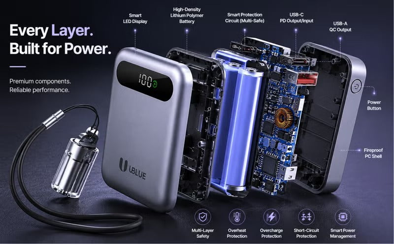 UBlue Mini Power Bank 10000mAh with BuiltIn USB-C Cable(PB003)