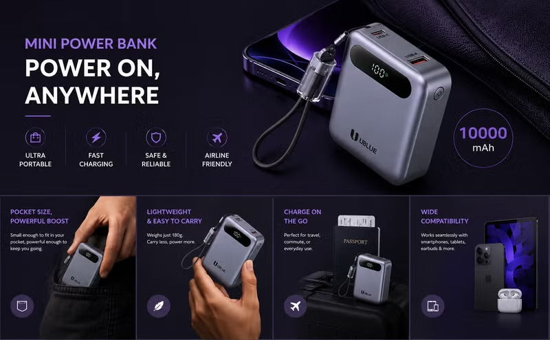 UBlue Mini Power Bank 10000mAh with BuiltIn USB-C Cable(PB003)