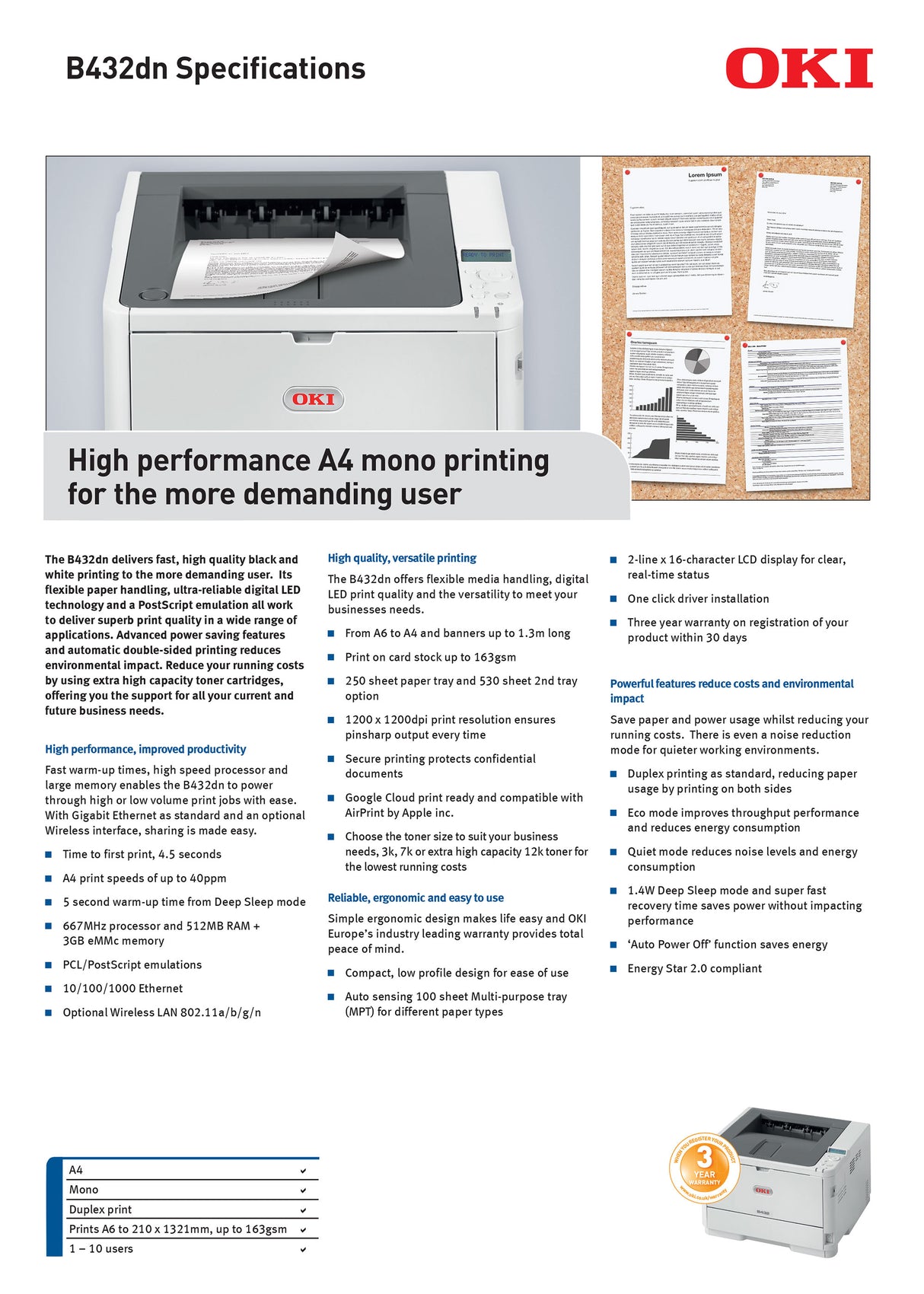 Oki Printer Printer Black B432DN 40ppm Fast performance printer