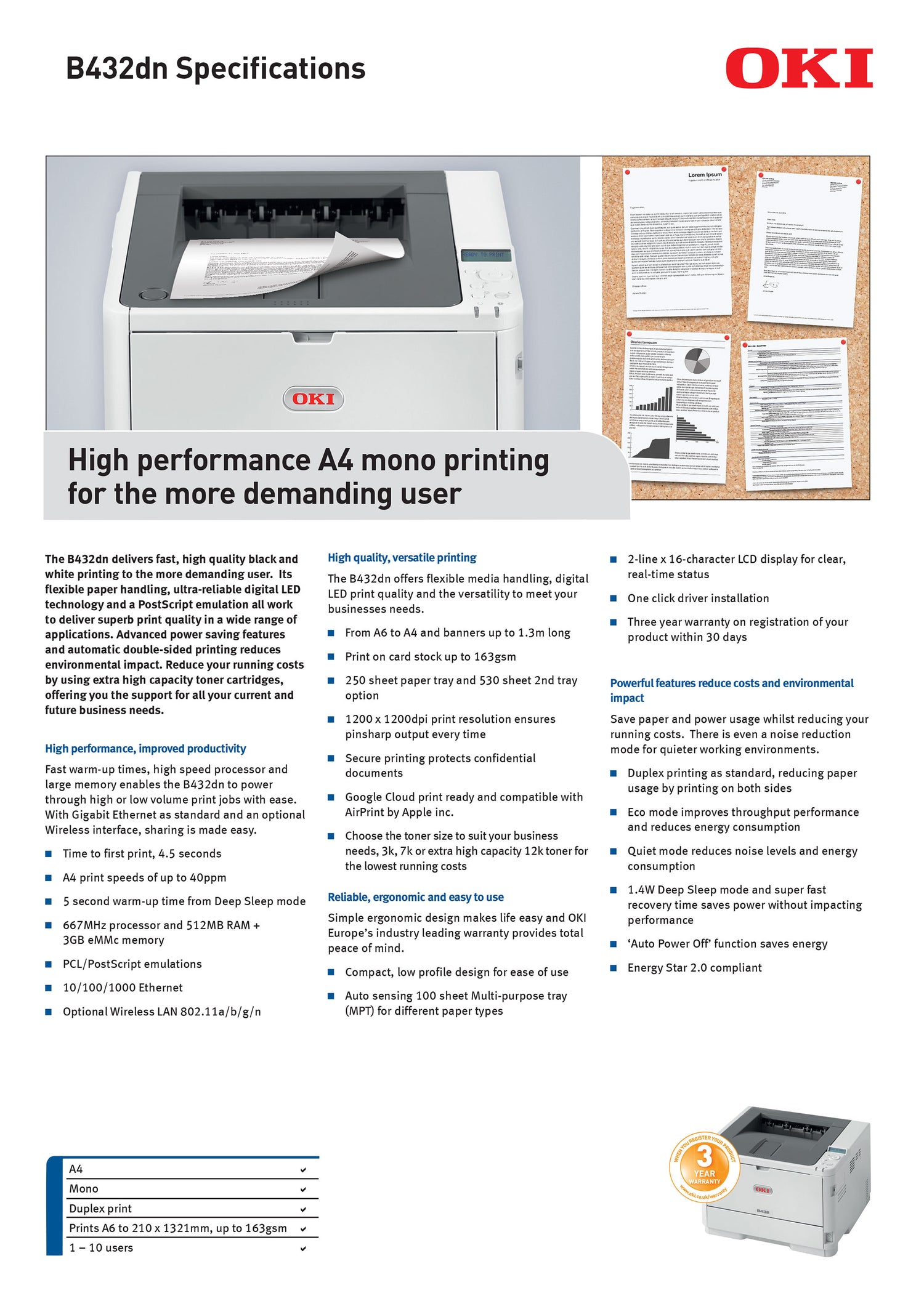 Oki Printer Printer Black B432DN 40ppm Fast performance printer
