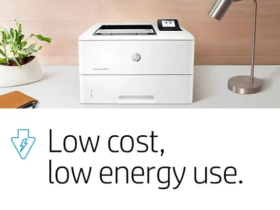 HP LaserJet Pro printer on desk with low cost, low energy use text