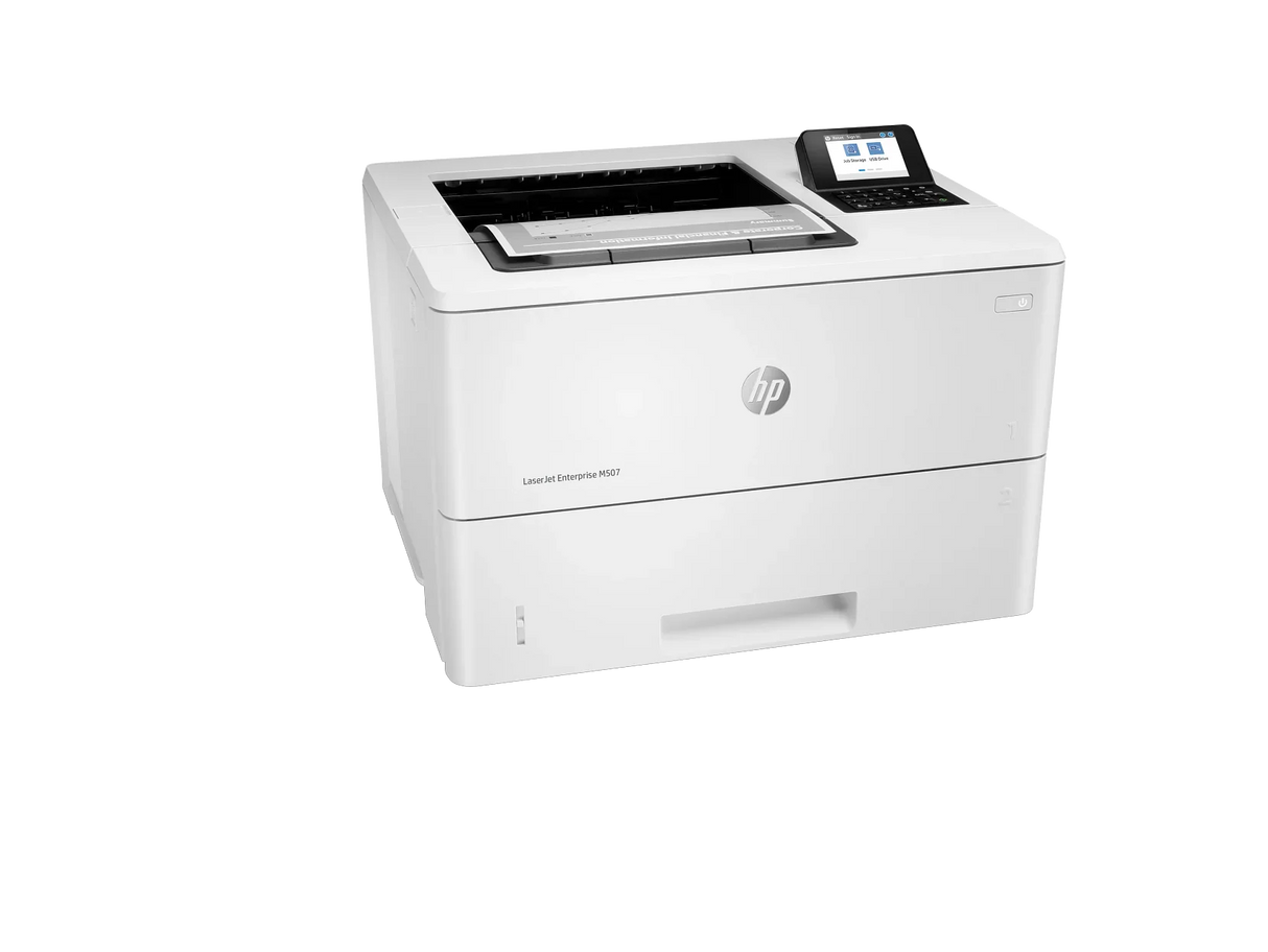 HP LaserJet Enterprise M507 monochrome laser printer with touchscreen display for office use