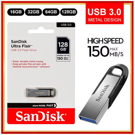 فلاش USB SanDisk Ultra Flair سعة 128 جيجابايت وسرعة 150 ميجابايت/ثانية معدني USB3.0