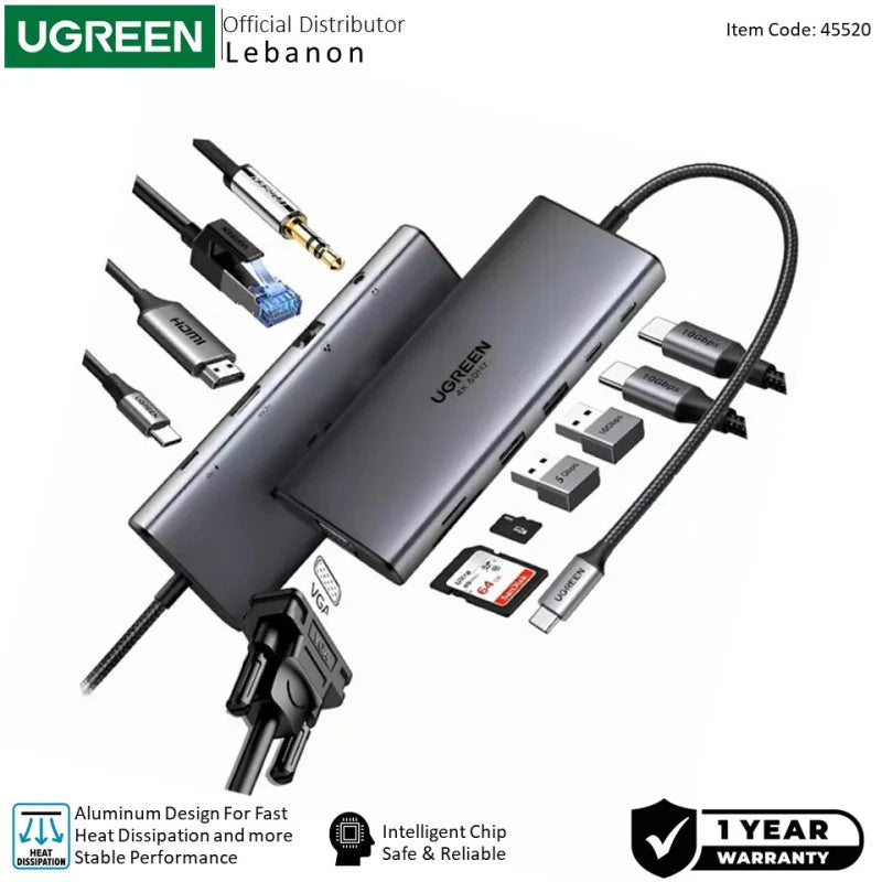 UGREEN 11-in-1 USB-C Hub(45520)Docking Station 4K@60Hz HDMI,100W PD,Gigabit Ethernet