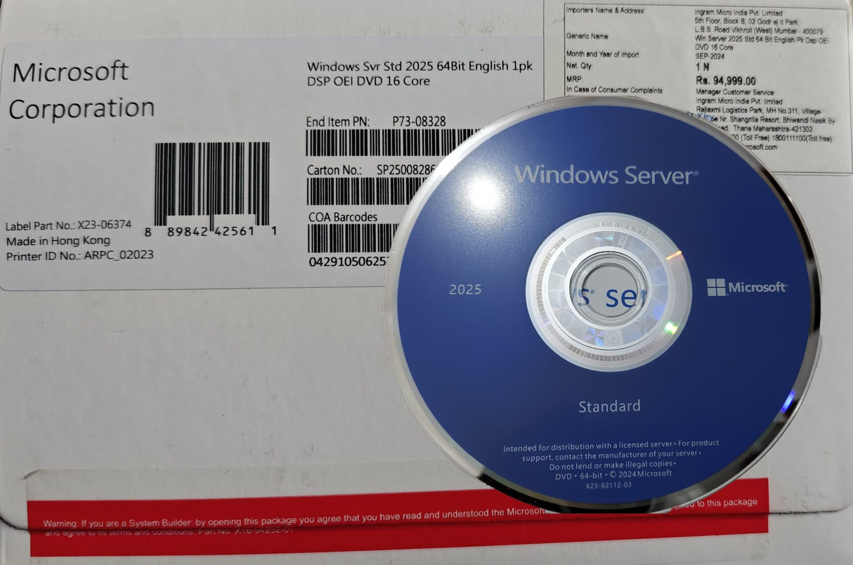 Microsoft Windows Server 2025 Standard | 16-Core | English | DSP OEI DVD | Lifetime License