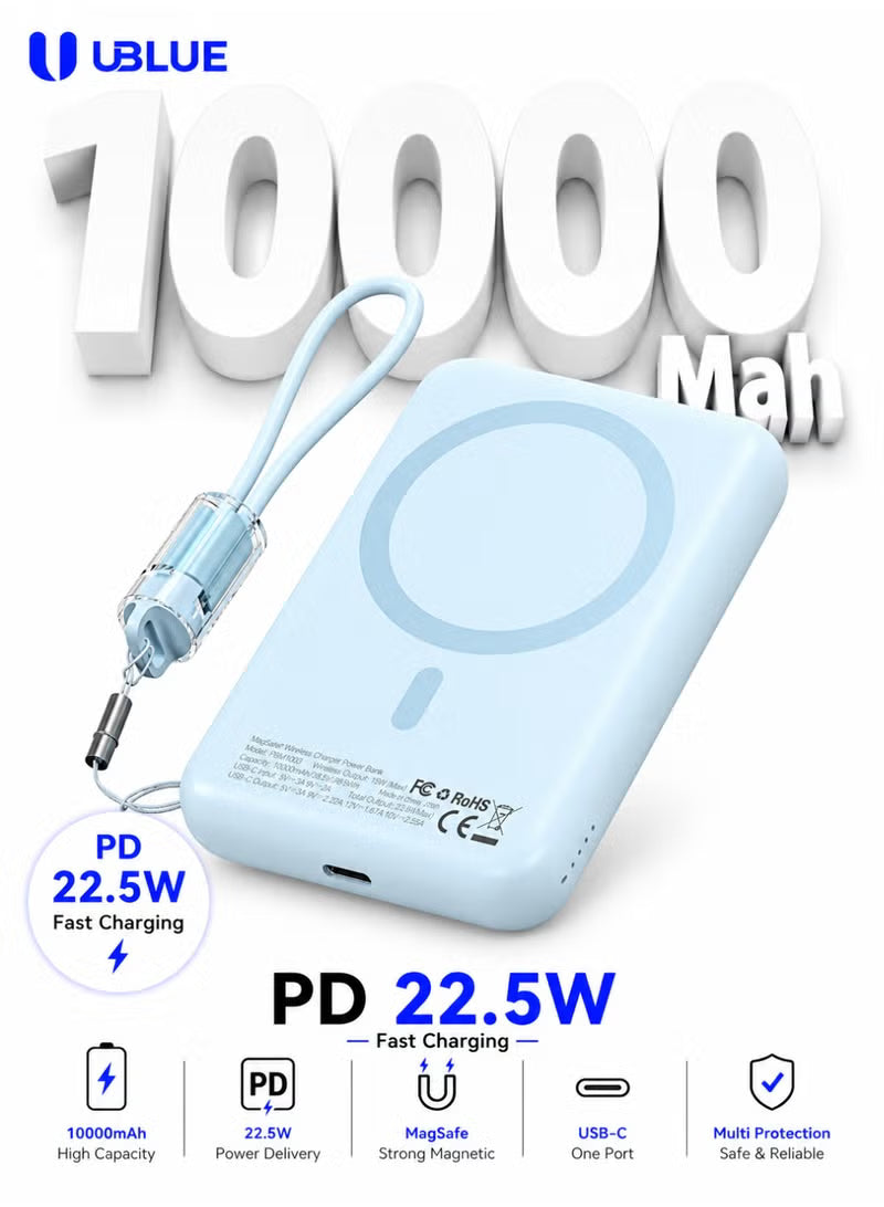 UBlue  Wireless Power Bank with Cable 10000mAh, Slim Portable Charger with BuiltIn Cable and USB-C(PBWL003-BE)