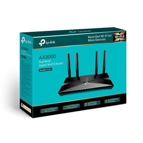 TP-Link AX3000 Wi-Fi 6 Router in its packaging, displaying the router and its key features.