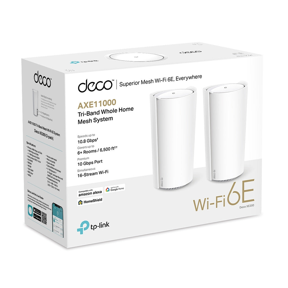 نظام TP-Link Deco XE200 (عبوة من قطعتين) AXE11000 لشبكة Wi-Fi 6E المنزلية بالكامل (ثلاثي النطاق)