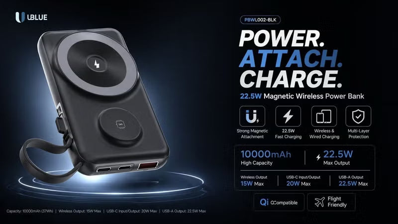 UBlue Magnetic Power Bank 10000mAh,Wireless Portable Charger with USB-C(PBWL002-BLK)