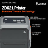 Zebra ZD621T Thermal Transfer Barcode Label Printer | 300dpi | USB+USB Host+RS232+Bluetooth BLE+Ethernet | RTC