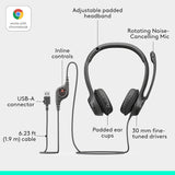 Logitech H390 Wired On Ear Headset for PC/Laptop, Stereo Headphones with Noise Cancelling Microphone, USB-A, In-Line Controls