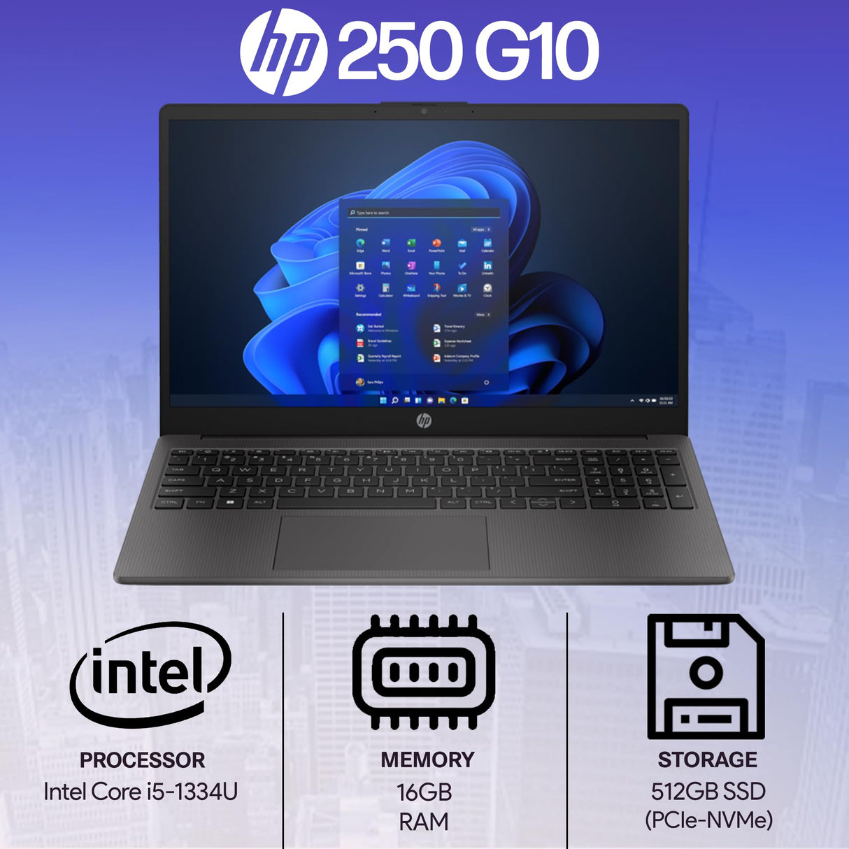 HP 250 G10 | Intel Core i5-1334U | 15.6" FHD | 8GB DDR4 | 512GB SSD | Wi-Fi 6 & Bluetooth | FreeDOS | 2-Year Warranty