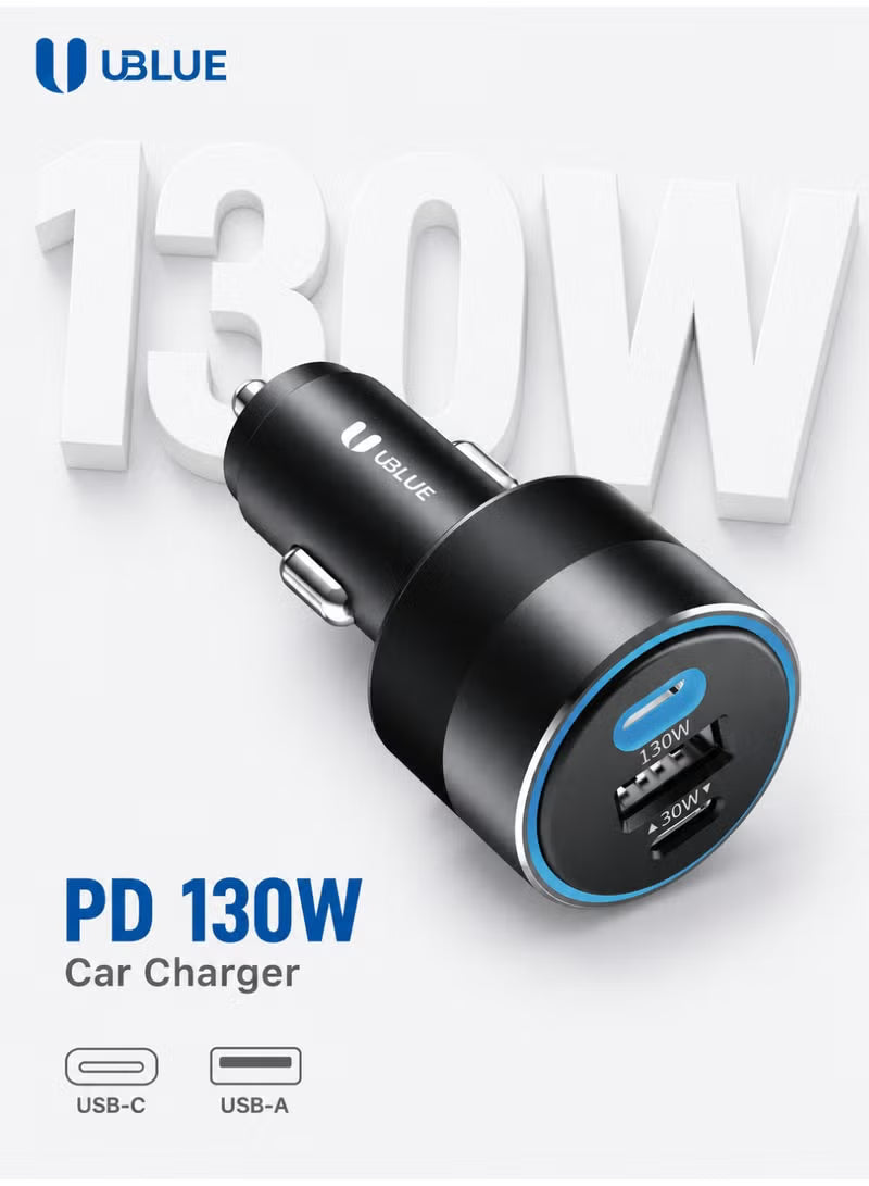 UBlue USB-C Car Charger,Fast Charging, 130W, 3-Port (2×USB-C + USB-A), PD 3.0 & PPS, QC 3.0, Aluminum Alloy, DC 12–24V, Black(CC001)