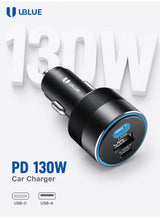 UBlue USB-C Car Charger,Fast Charging, 130W, 3-Port (2×USB-C + USB-A), PD 3.0 & PPS, QC 3.0, Aluminum Alloy, DC 12–24V, Black(CC001)