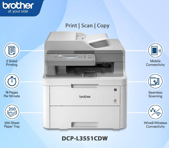 طابعة Brother جديدة باللون الأسود DCP-L3551CDW