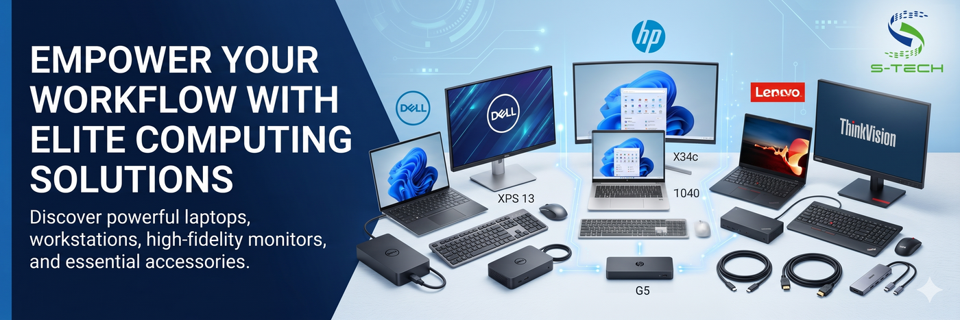 Promotional banner for elite computing solutions with laptops, monitors, and accessories on a blue background.