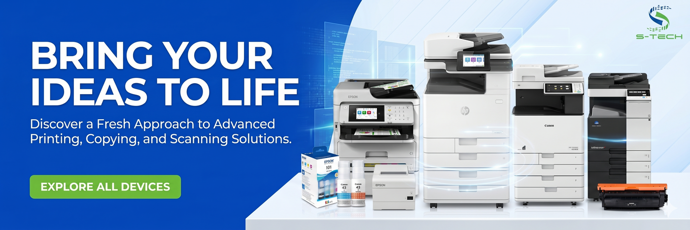 Printers and scanning devices with promotional text on a blue background