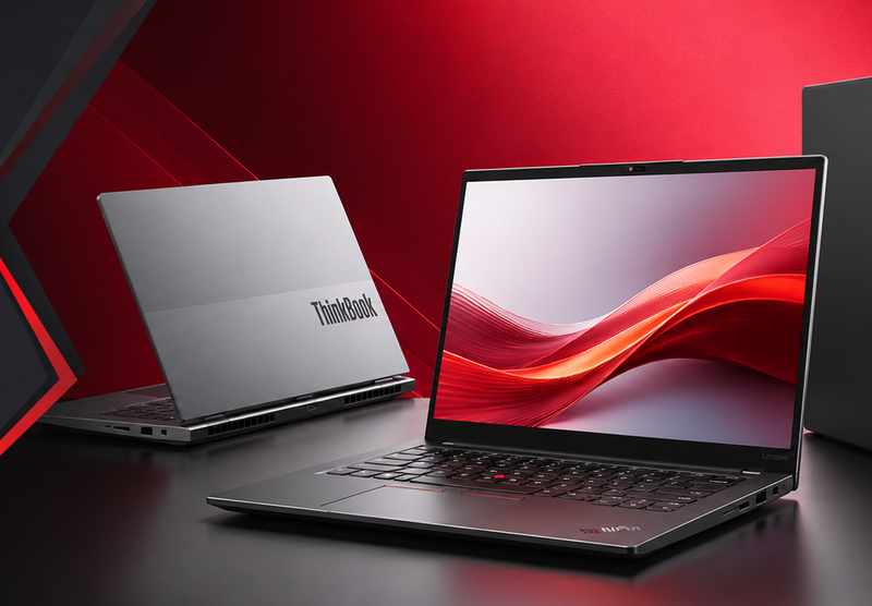 Lenovo laptop and desktop on a red and black background with 'Shop Now' button.