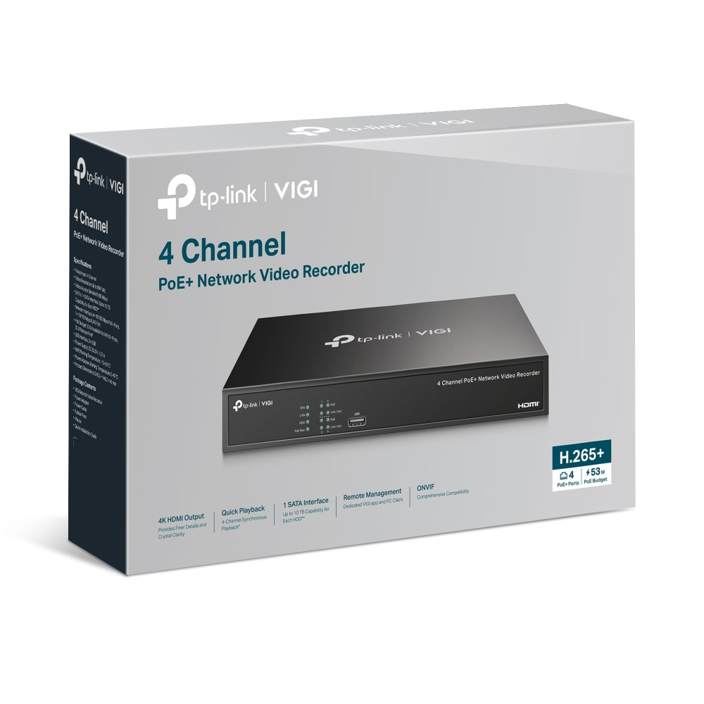 جهاز تسجيل فيديو شبكي TP-Link VIGI NVR1004H-4P مزود بـ 4 قنوات ومزود بتقنية PoE