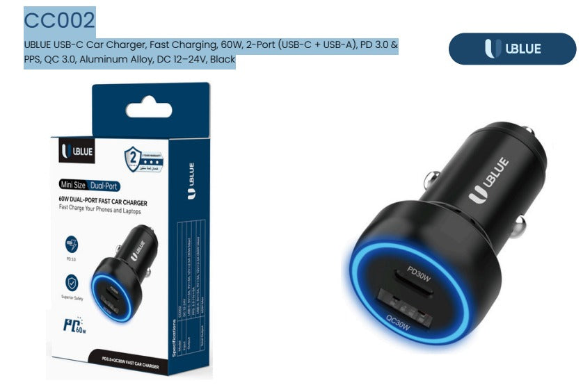 UBlue Car Charger Dual Port 60W (CC002)