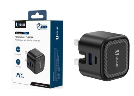 UBlue  Wireless Power Bank with Cable 10000mAh, Slim Portable UBLUE 45W GaN Wall Charger, Dual USB-C Charger, 2-Port, UK Plug, AC 100–240V, Black, Fast Charging(CH002)