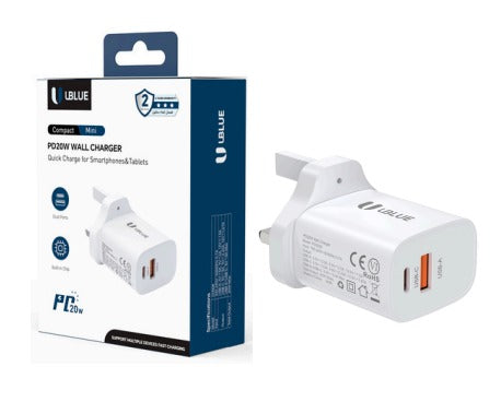 UBlue  20W USB-C Wall Charger, Mini 1-Port Type-C, Fire-Rated V0, AC 100–240V, UK Plug, Compact, White(CH008)