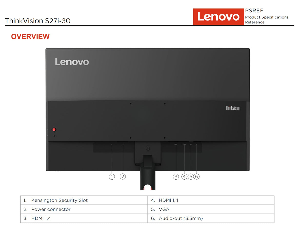 Lenovo ThinkVision Monitor | 63DFKAT4UK | S27i-30  27" inch PS panel-1920x1080-Input connectors-VGA+HDMI-3 Years warranty - S-Tech