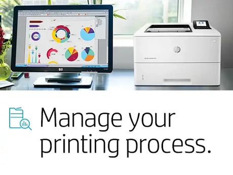 HP printer and monitor displaying charts for efficient printing management in office settings