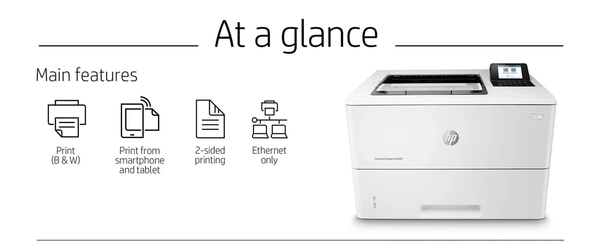 HP LaserJet Enterprise M507 printer with black & white printing, 2-sided print, Ethernet, USB, and security features for business use