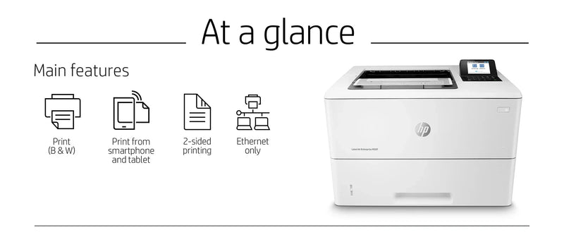 HP LaserJet Enterprise M507 printer with black & white printing, 2-sided print, Ethernet, USB, and security features for business use
