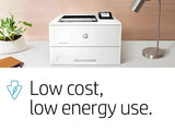 HP LaserJet Pro printer on desk with low cost, low energy use text
