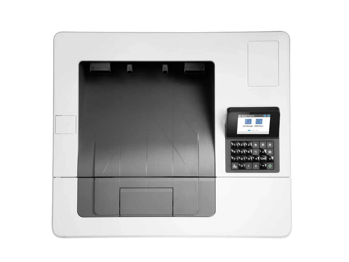 HP laser printer with touchscreen control panel and numeric keypad for office printing in KSA