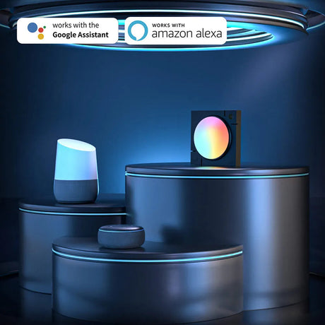 Smart home device display featuring a Google Assistant speaker, an Amazon Alexa smart speaker with a colorful circular light, and a small smart speaker on tiered dark gray pedestals under a blue-lit ceiling. Google Assistant and Amazon Alexa compatibility badges appear at the top.